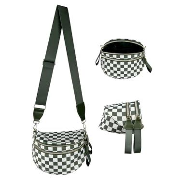 Imagem de Bolsa transversal quadriculada para mulheres, bolsas de nylon xadrez com grande capacidade, bolsa de cintura com 4 bolsos, pochete com alças de ombro ajustáveis, para trabalho, festa, viagem, Preto