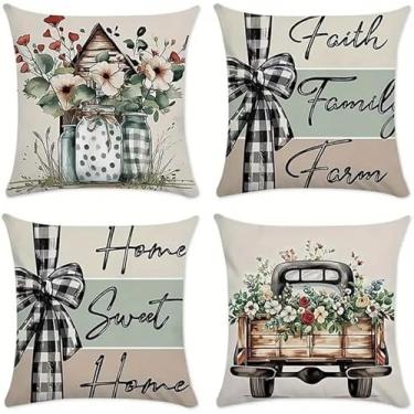 Imagem de Capas de almofada decorativas Farmhouse, 45 x 45 cm, conjunto com 4, xadrez búfalo preto e branco com design floral, fronhas quadradas decorativas modernas para sofá, quarto, sala de estar, carro