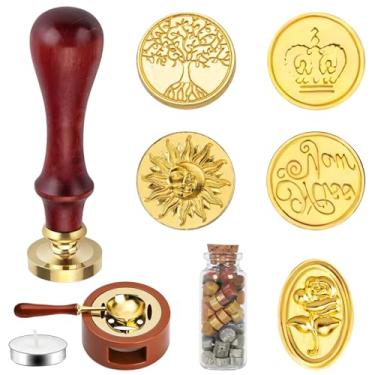 Imagem de Conjunto de carimbos de lacre de cera com 6 carimbos de latão vintage, cabo de madeira, padrões elegantes de rosa, borboleta e ginkgo, inclui caixa de presente clássica