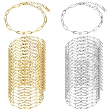 Imagem de Meyeyaia Corrente de 30 peças, pulseira de berloque de 15 cm, kit de ouro e prata, clipe de papel de aço inoxidável a granel ajustável com fechos de lagosta para mulheres, pulseiras de Natal, faça