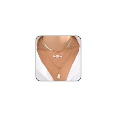 Imagem de Conjunto de colares femininos com pingente de pérola dourada em camadas delicadas, corrente de osso de cobra, colares barrocos com contas de pérolas, acessórios de joias, Large, Metal, Sem Pedra