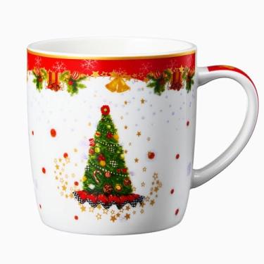 Imagem de Caneca festiva de árvore de Natal e estrelas - segura para micro-ondas e lava-louças - Canecas de Natal de 368 g para café, chocolate quente, gemada - Feliz Natal - Design de elfo e Papai Noel - Ótimo