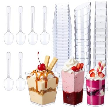 Imagem de Meyeyaia Pacote com 300 mini copos de sobremesa com colheres de plástico transparente inclinado redondo parfait copo de aperitivo para sobremesas, festa de aniversário de casamento (60 g, 85 g, 142 g