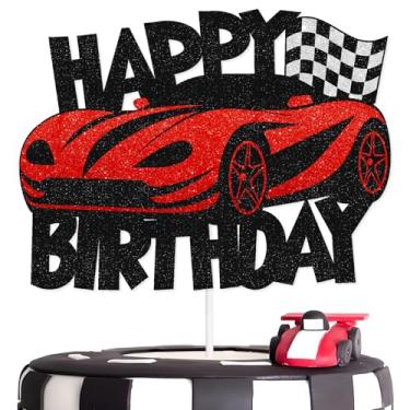 Imagem de Topo de bolo de carro de corrida vermelho preto feliz aniversário, bandeira quadriculada de carro de corrida tema de pista para meninos e homens decorações de festa de aniversário suprimentos
