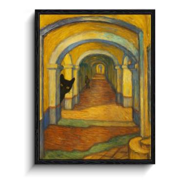 Imagem de CYFDYVT Arte engraçada de parede de gato preto, 20 x 25 cm, estampa de arte texturizada inspirada na cena do corredor de arco, arte de gato para sala de estar, quarto, decoração de parede eclética
