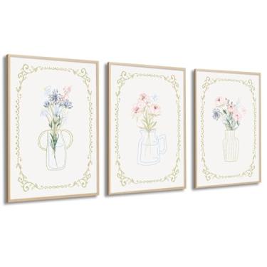 Imagem de Arte de parede de flores vintage decoração de parede em tela floral rosa pôster de flores silvestres coloridas impressões de imagens florais minimalistas conjunto de pintura de arte botânica com 3