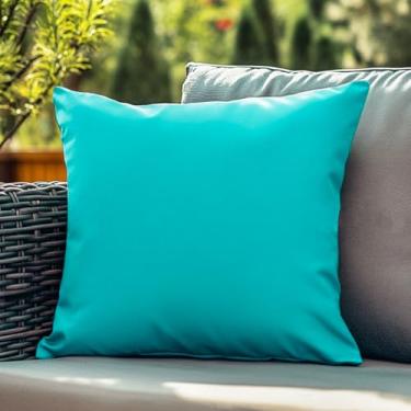 Imagem de Capas de almofada turquesa à prova d'água sólidas para ambientes externos, 45,72 x 45,72 cm, pacote com 1 capa decorativa quadrada de linho para jardim, casa de fazenda, tenda de pátio, varanda, sofá