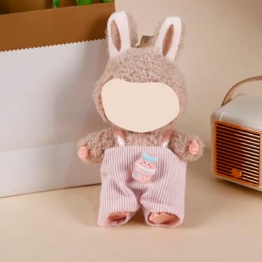 Imagem de Roupa de boneca de pelúcia (sem boneca - macacão de veludo cotelê rosa com emblema de leite de morango compatível com Labubu 15 cm/17 cm (não inclui boneca), acessório de roupa de boneca (rosa)