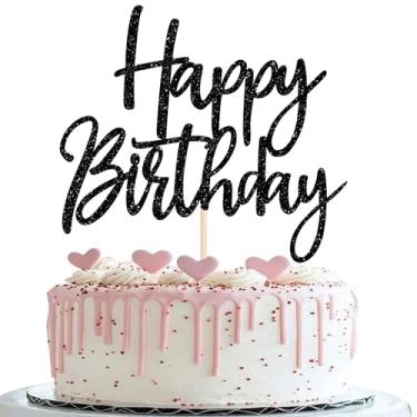 Imagem de 1 pacote de topo de bolo de feliz aniversário com glitter celebrando feliz aniversário colher de bolo chá de bebê crianças decoração de cupcake suprimentos de festa preto