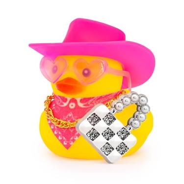 Imagem de wonuu Pink Car Rubber Ducks for Women, Mini Lady Ducky with Top-Handle Bags Wallets, Heart-Shaped Sunglasses, Bandana, Necklace (Pearl Crystal Bag Silver)