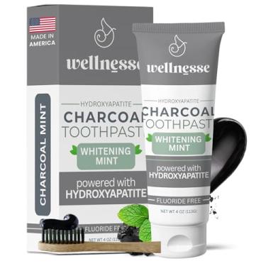Imagem de Wellnesse Pasta de dente branqueadora de carvão ativado com xilitol, hidroxiapatita sem flúor, pasta de dente de carvão preto para hálito fresco adulto, clareamento natural dos dentes, sabor menta