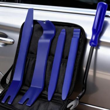 Imagem de Kit de ferramentas de remoção de acabamento de carro profissional de 5 peças com alça ergonômica para áudio, painéis de porta, acabamento interno, azul