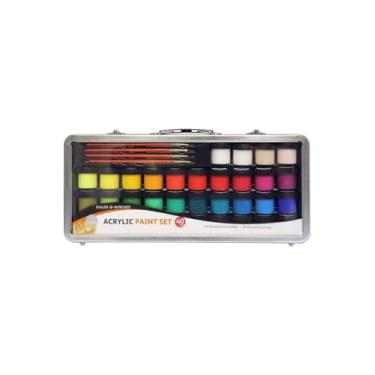 Imagem de Conjunto de tinta acrílica Daler-Rowney Simply 40 peças - 34 potes de tinta acrílica para estudantes artistas de todas as idades com 4 pincéis, guia de mistura de cores e estojo de transporte - 18 ml de tintas acrílicas para papel em tela e mais