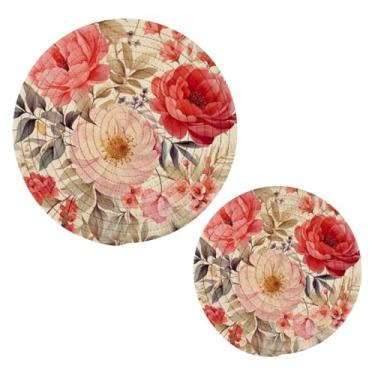 Imagem de Blueangle 2 peças de suporte de panela de trivet de flores rosa - conjunto de pegadores de panela de tecido redondo - almofadas quentes trançadas de algodão - porta-copos - tapetes de mesa para
