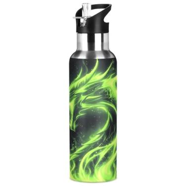 Imagem de Blueangle Garrafa de água de aço inoxidável Green Flame Dragon de 947 g – Garrafa esportiva de metal isolada à prova de vazamento para academia, acampamento, fitness ao ar livre e viagens (840)
