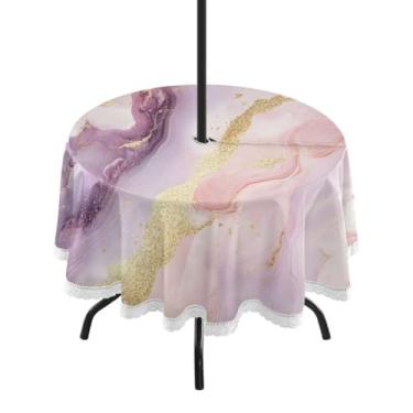 Imagem de GUIJI Toalha de mesa redonda mista de mármore dourado 3 com orifício para guarda-chuva e zíper para sala de jantar, festa e piquenique ao ar livre - 152 cm