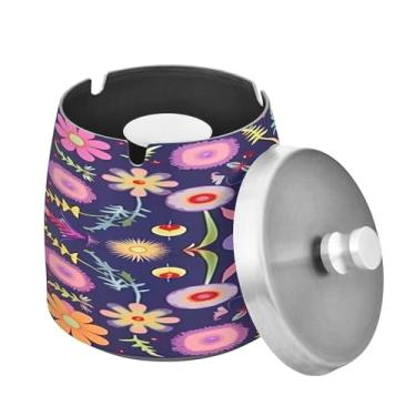 Imagem de Blueangle Cinzeiro bonito com estampa de flores com tampa para cigarros, à prova de vento/chuva, aço inoxidável, sem fumaça, inodoro, cinzeiro para uso interno ou externo (472)