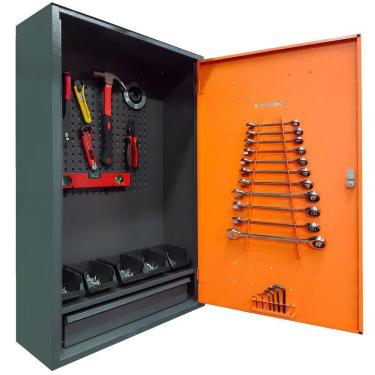 Imagem de Armário De Parede Para Ferramentas Peças Aço 01 Gaveta Presto 24 Ganchos Aéreo Oficina Preto Laranja