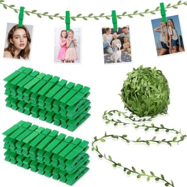 Imagem de Mini prendedores de roupa de madeira – 60 peças de exibição de fotos penduradas com clipes com fita de folha de 20 metros, clipes pequenos para exibição de artesanato, jogo de chá de bebê, fotos