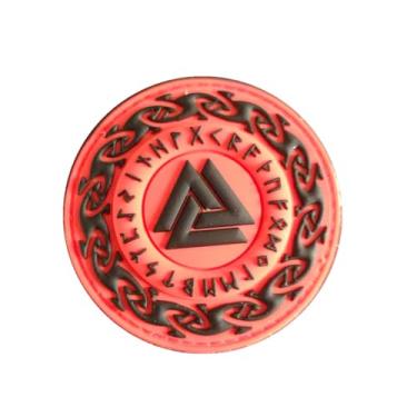 Imagem de Uijokdef Runavin Viking Valknut Runes Patch de PVC, design celta preto e branco, emblema de gancho tático redondo de 7,5 cm para equipamento militar de airsoft (vermelho)