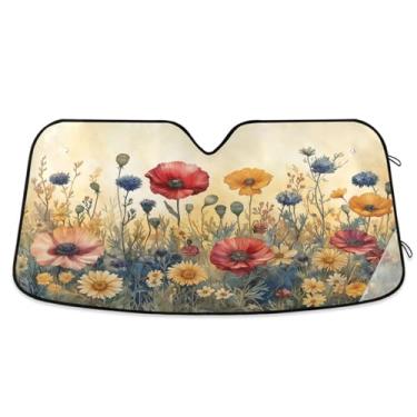 Imagem de ATTX Para-brisa de carro de flores silvestres em aquarela 144.8 cm x 80.0 cm escudo solar universal com proteção UV, persiana de janela frontal automática dobrável para caminhões Sedans SUVs #148