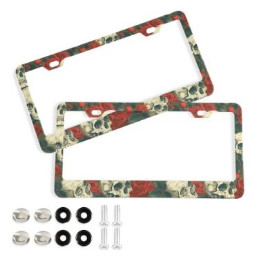 Imagem de SEHANY Molduras de placa de carro vintage rosa crânio, capas de alumínio à prova de ferrugem com furos elípticos e parafusos serve para veículos padrão dos EUA tamanho acessórios de carro para