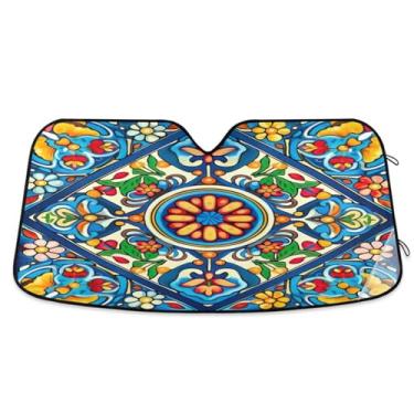 Imagem de ATTX Para-brisa de carro com azulejo de cerâmica mexicana 134.6 cm x 59.7 cm Protetor solar universal com proteção UV, persiana de janela frontal automática dobrável para caminhões Sedans SUVs #714