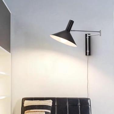 Imagem de GZZBMY E27 Apliques de parede com interruptor e tomada moderna vintage candeeiros de parede com braço articulado giratório iluminação de leitura para sala de estar quarto cabeceira (preto)
