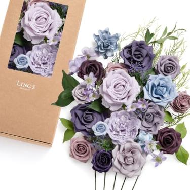 Imagem de Ling's Moment Caixa de flores falsas, hastes artificiais artificiais de espuma, rosas de seda, lilás para decoração de casamento, decorações de mesa, arranjos florais, lavanda e roxo, combo de luxo
