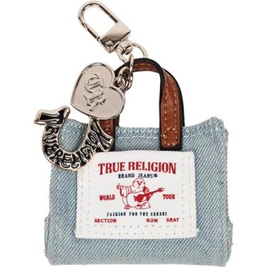 Imagem de True Religion Pingente de mini sacola Buddha, chaveiro jeans com pingentes de coração e ferradura, ferragens douradas, jeans