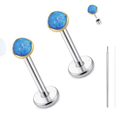Imagem de limerencia Brincos de nariz de opala de titânio hipoalergênicos 20G, 2 peças de brincos de pressão nas costas planas Labret Medusa Monroe Helix cartilagem tragus concha piercing joias para mulheres e