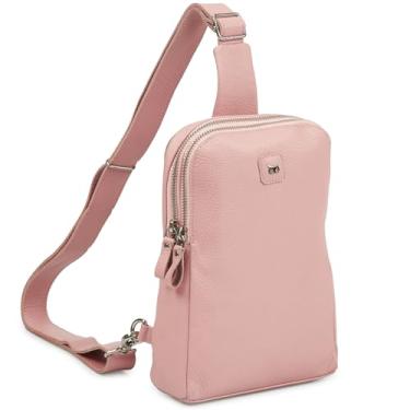Imagem de Wise Owl Accessories Bolsa tiracolo de couro real para mulheres e homens, bolsa transversal no peito frontal com compartimentos para cartão de crédito, Napa rosa bebê