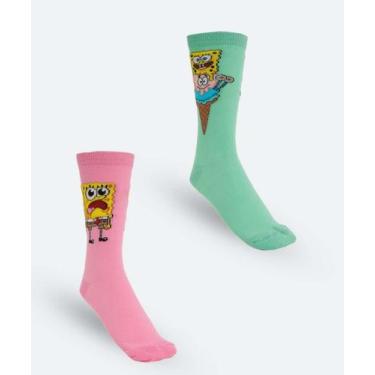 Imagem de Kit 2 Meias Masculina Bob Esponja Cano Longo Nickelode-09657 - NICKELO