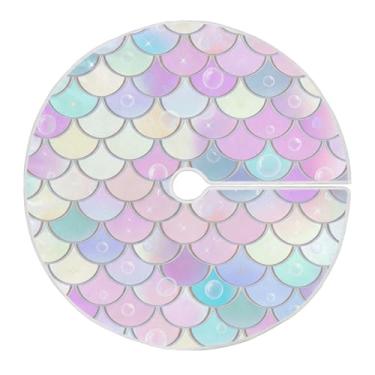 Imagem de Wassud Saia para árvore de Natal, escamas de sereia, arco-íris, decorações de árvore de Natal, enfeites de Natal, tapete de árvore pequena para decoração de festa de ano novo, 91 cm