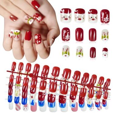 Imagem de Short para unhas de Natal, 120 peças, pacote com 5, vermelho, azul, floco de neve, design de boneco de neve, unhas postiças, unhas postiças, acrílico reutilizável, acabamento quadrado, unhas falsas