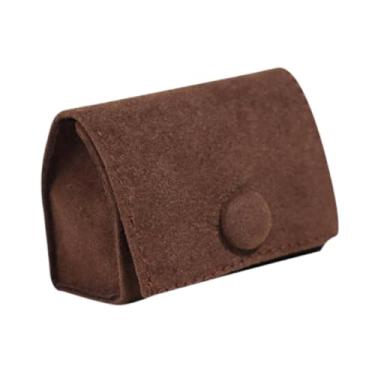 Imagem de UGPLM Porta-anéis de viagem pequeno em veludo, estojo para guardar joias com botões, bolsa portátil para joias em veludo, Marrom