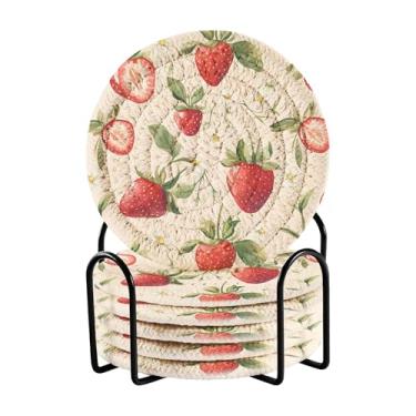 Imagem de SEHANY Conjunto de 6 porta-copos fofos de morango com suporte, porta-copos redondos absorventes de algodão resistente ao calor para mesa de jantar, canecas de café, proteção de copos, 10 cm
