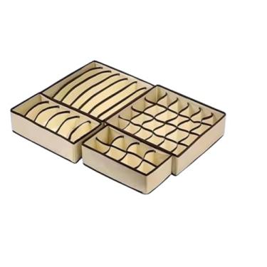 Imagem de Kit 4 Organizadores para Gavetas, Bege, TNT e Papel Cartão, 2 Grandes 32x16x10cm e 2 Pequenos 32x32x10cm, Dobrável, para Roupas Íntimas