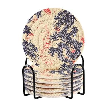 Imagem de SEHANY Porta-copos vintage dragão conjunto de 6 com suporte, porta-copos redondos absorventes de algodão resistente ao calor para mesa de jantar, canecas de café, 10 cm