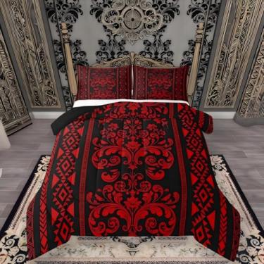 Imagem de ArtfulHome Conjunto de edredom com decoração vitoriana, estilo oeste, damasco, vermelho, para meninas – boêmio geométrico asteca barroco, vintage, floral, gótico, étnico, tribal, decoração boho