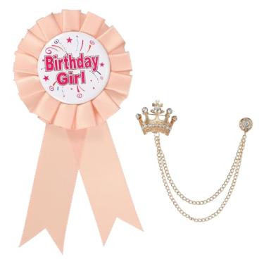 Imagem de PATIKIL Broche de botão de mulher de aniversário, alfinetes de crachá de fita de prêmio de tecido de cetim e broche de corrente pendurada em coroa para decoração de festa de aniversário, One Size