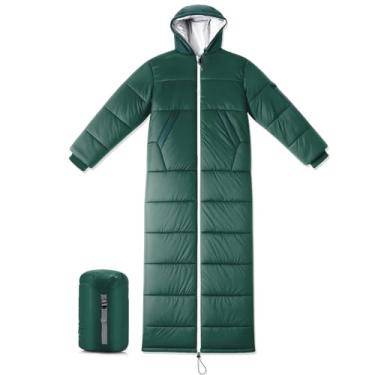 Imagem de Macarrie Saco de dormir vestível para adultos com mangas e capuz, 187 cm de comprimento, 0 graus, clima frio, isolado, saco de dormir para clima frio extremo, acampamento, caminhada, estádio (verde)