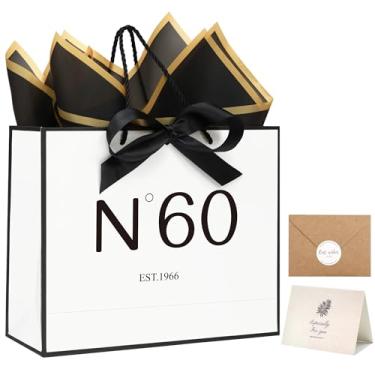 Imagem de KeerxunBag Kit de aniversário de 60 anos – Bolsa de presente premium, com alças de fita, completa com cartão, envelope, laço de adesivos e papel de seda (tema EST.1966)