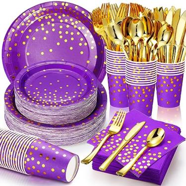 Imagem de Sieral 560 peças de suprimentos de festa roxos e dourados para 80 convidados, kits de jantar descartáveis com pratos de papel roxo, guardanapos, copos, garfos de plástico dourado, facas, colheres para