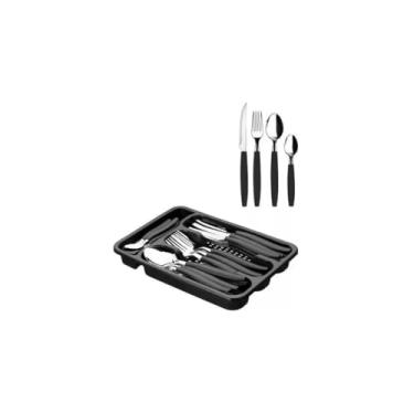 Imagem de Jogo de Faqueiro 25 Peças com Porta Talher, Aço Inox, Preto, 6 Pessoas, 531g, Inclui Colheres, Garfos, Facas