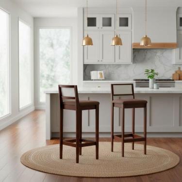 Imagem de Kit 2 Banquetas Estofada em Linho Encosto Palhinha Bruna cor:imbuia co