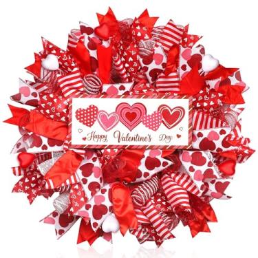 Imagem de Aneco Guirlanda de malha de dia dos namorados de 61 cm com letreiro de madeira de amor com fio de arrastão para dia dos namorados com bagas de fita para aniversário de casamento, decoração interna e