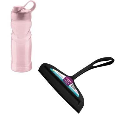 Imagem de Conjunto de 1 Rodo Plástico Multiuso Preto com Raspador 18cm + 1 Garrafa Squeeze Sport Fit 500 ML Rosa