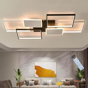 Imagem de Lustre de teto LED dimerizável com controle remoto, modelo moderno com 6 lâmpadas retangulares embutidas, ideal para sala de estar, quarto, sala de jantar e escritório, preto, 90 cm.