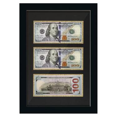 Imagem de HUICAPTYI Moldura de notas de dólar de 3 aberturas com tapete preto, suporte de cavalete de mesa e suporte de parede, caixa de sombra de madeira maciça para exibição de moedas e dinheiro (borda